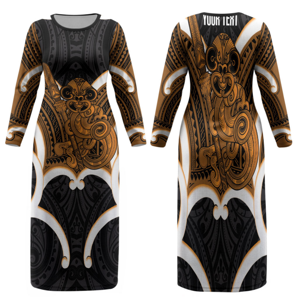 Karaka Aotearoa Atua Tumatauenga Personalised Family Matching Long Sleeve Bodycon Dress and Hawaiian Shirt Maori God Of War Tiki With Taiaha LT14 Mom's Dress Orange - Polynesian Pride