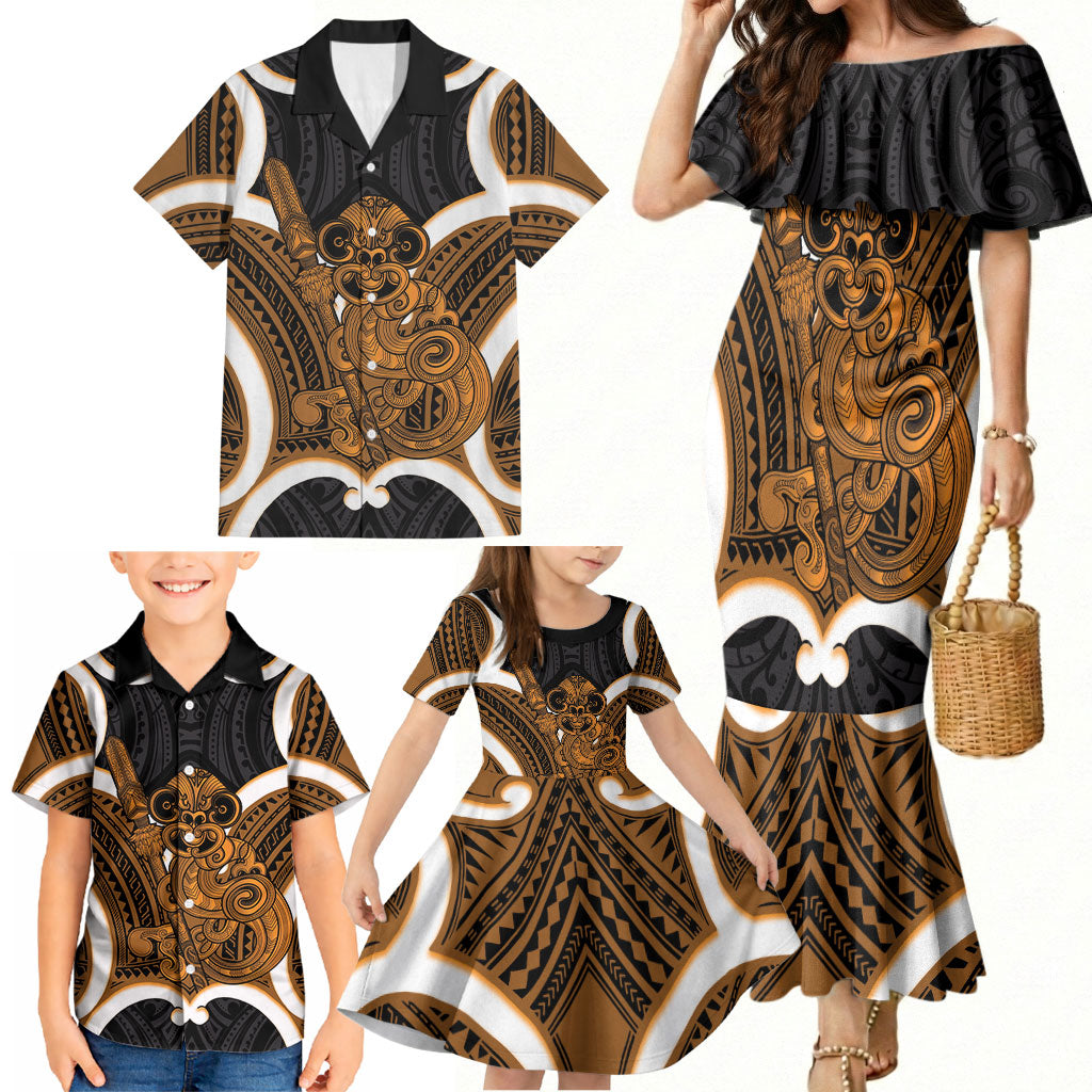 Karaka Aotearoa Atua Tumatauenga Personalised Family Matching Mermaid Dress and Hawaiian Shirt Maori God Of War Tiki With Taiaha LT14 - Polynesian Pride