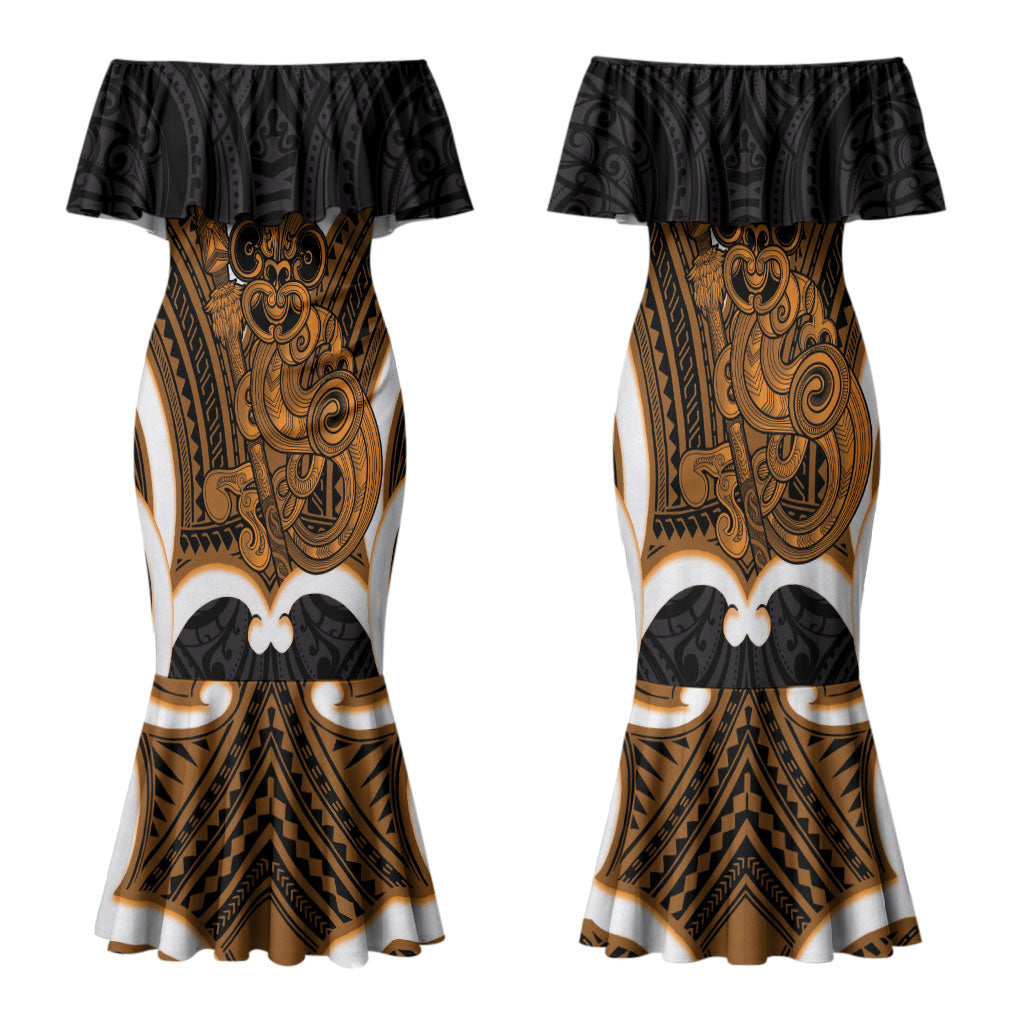 Karaka Aotearoa Atua Tumatauenga Personalised Family Matching Mermaid Dress and Hawaiian Shirt Maori God Of War Tiki With Taiaha LT14 Mom's Dress Orange - Polynesian Pride