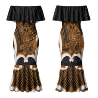 Karaka Aotearoa Atua Tumatauenga Personalised Family Matching Mermaid Dress and Hawaiian Shirt Maori God Of War Tiki With Taiaha LT14 Mom's Dress Orange - Polynesian Pride