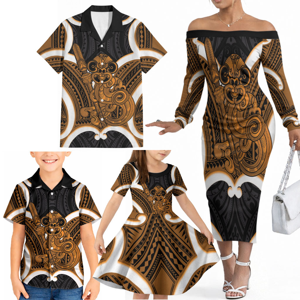 Karaka Aotearoa Atua Tumatauenga Personalised Family Matching Off The Shoulder Long Sleeve Dress and Hawaiian Shirt Maori God Of War Tiki With Taiaha LT14 - Polynesian Pride