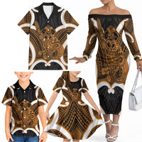 Karaka Aotearoa Atua Tumatauenga Personalised Family Matching Off The Shoulder Long Sleeve Dress and Hawaiian Shirt Maori God Of War Tiki With Taiaha LT14 - Polynesian Pride