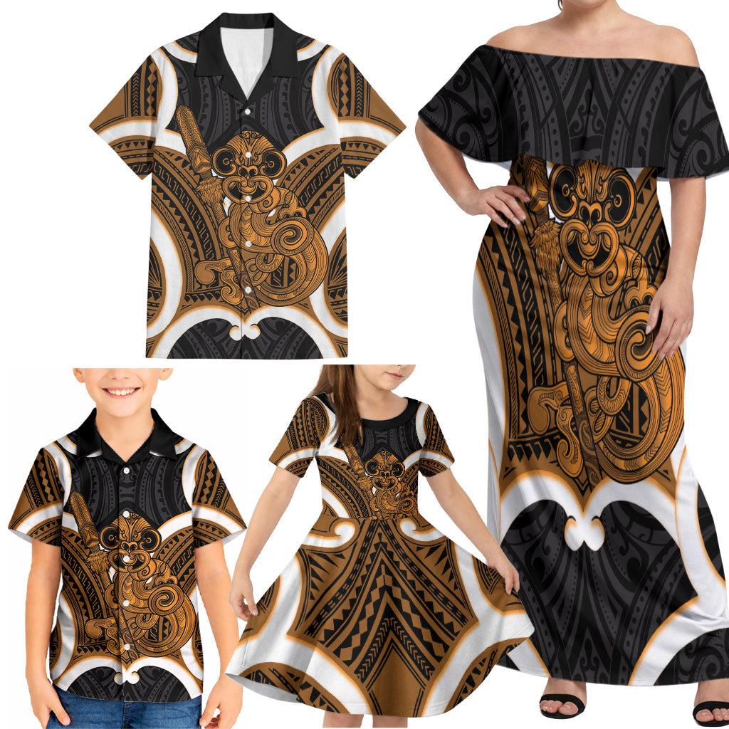 Karaka Aotearoa Atua Tumatauenga Personalised Family Matching Off Shoulder Maxi Dress and Hawaiian Shirt Maori God Of War Tiki With Taiaha LT14 - Polynesian Pride