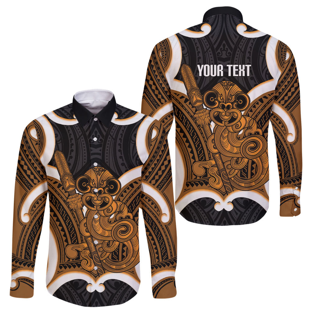 Karaka Aotearoa Atua Tumatauenga Personalised Family Matching Off Shoulder Short Dress and Hawaiian Shirt Maori God Of War Tiki With Taiaha LT14 Dad's Shirt - Long Sleeve Orange - Polynesian Pride