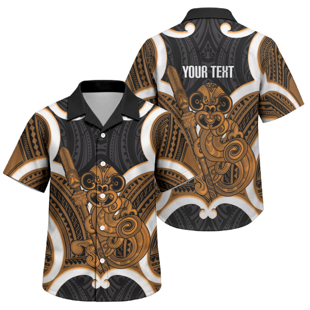 Karaka Aotearoa Atua Tumatauenga Personalised Family Matching Off Shoulder Short Dress and Hawaiian Shirt Maori God Of War Tiki With Taiaha LT14 Son's Shirt Orange - Polynesian Pride