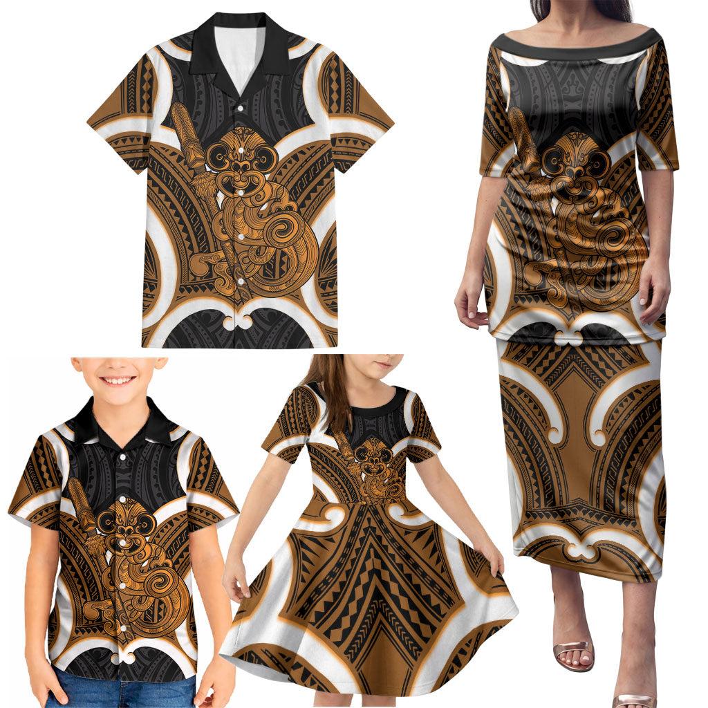 Karaka Aotearoa Atua Tumatauenga Personalised Family Matching Puletasi and Hawaiian Shirt Maori God Of War Tiki With Taiaha LT14 - Polynesian Pride