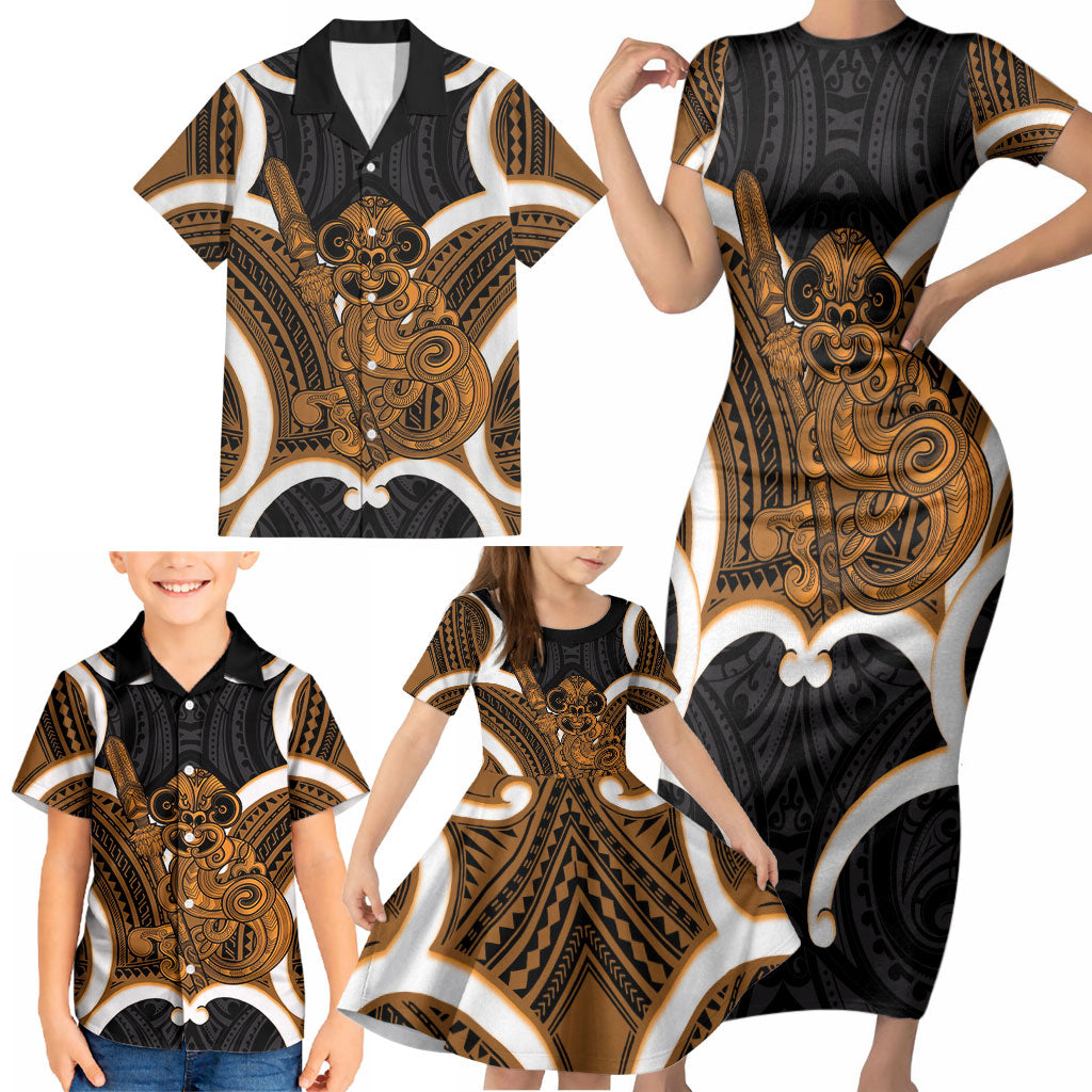 Karaka Aotearoa Atua Tumatauenga Personalised Family Matching Short Sleeve Bodycon Dress and Hawaiian Shirt Maori God Of War Tiki With Taiaha LT14 - Polynesian Pride