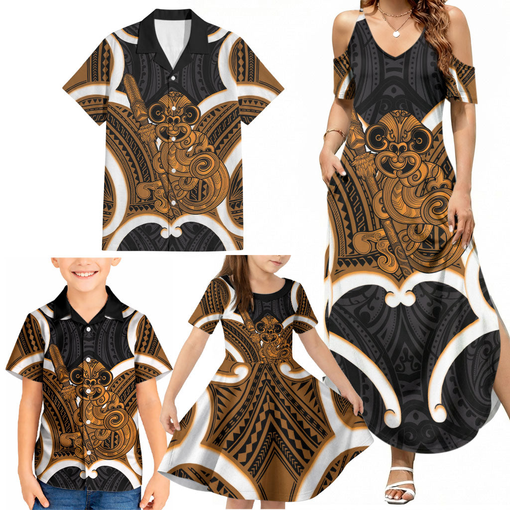 Karaka Aotearoa Atua Tumatauenga Personalised Family Matching Summer Maxi Dress and Hawaiian Shirt Maori God Of War Tiki With Taiaha LT14 - Polynesian Pride