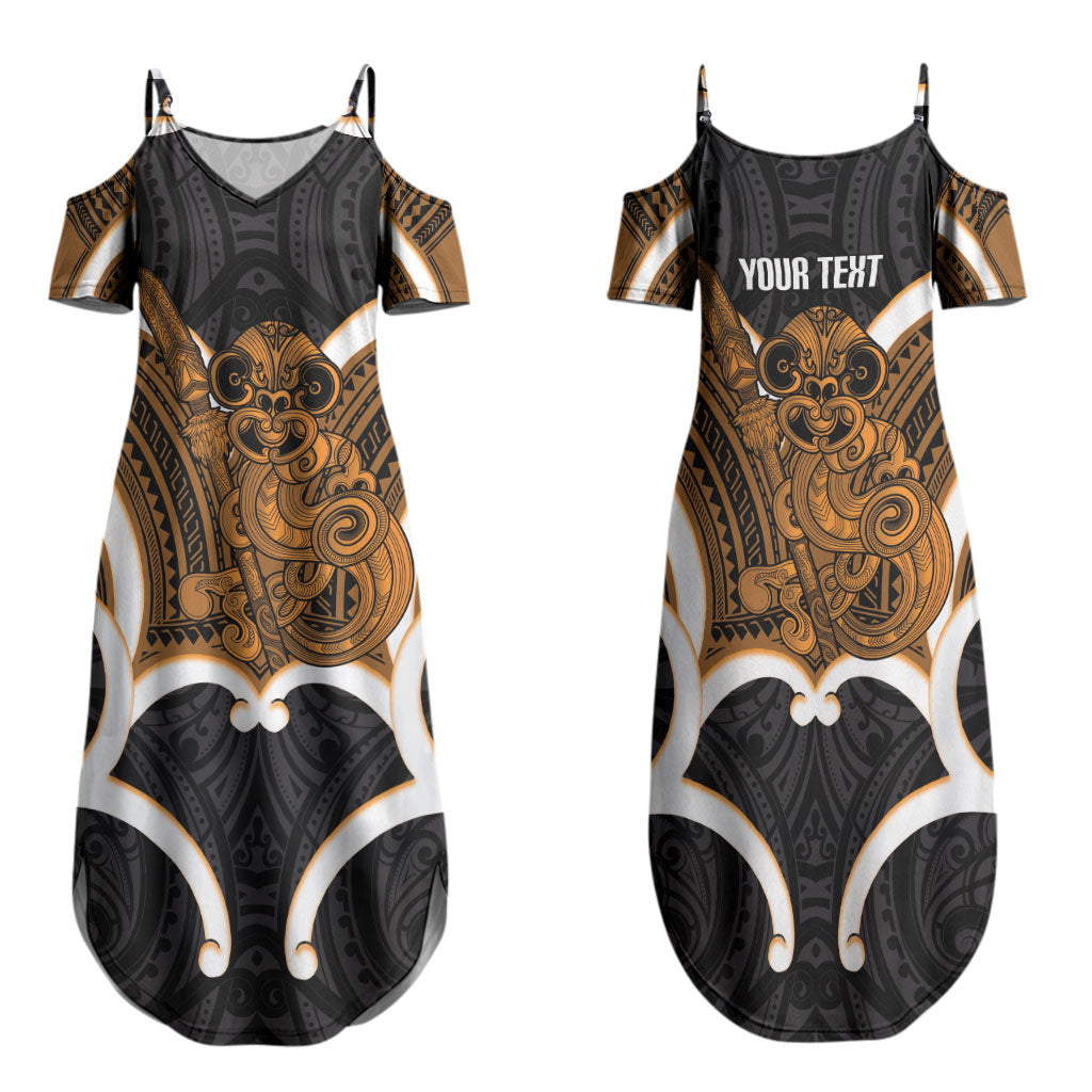 Karaka Aotearoa Atua Tumatauenga Personalised Family Matching Summer Maxi Dress and Hawaiian Shirt Maori God Of War Tiki With Taiaha LT14 Mom's Dress Orange - Polynesian Pride