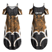 Karaka Aotearoa Atua Tumatauenga Personalised Family Matching Summer Maxi Dress and Hawaiian Shirt Maori God Of War Tiki With Taiaha LT14 Mom's Dress Orange - Polynesian Pride