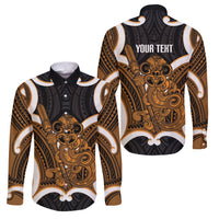 Karaka Aotearoa Atua Tumatauenga Personalised Family Matching Summer Maxi Dress and Hawaiian Shirt Maori God Of War Tiki With Taiaha LT14 Dad's Shirt - Long Sleeve Orange - Polynesian Pride