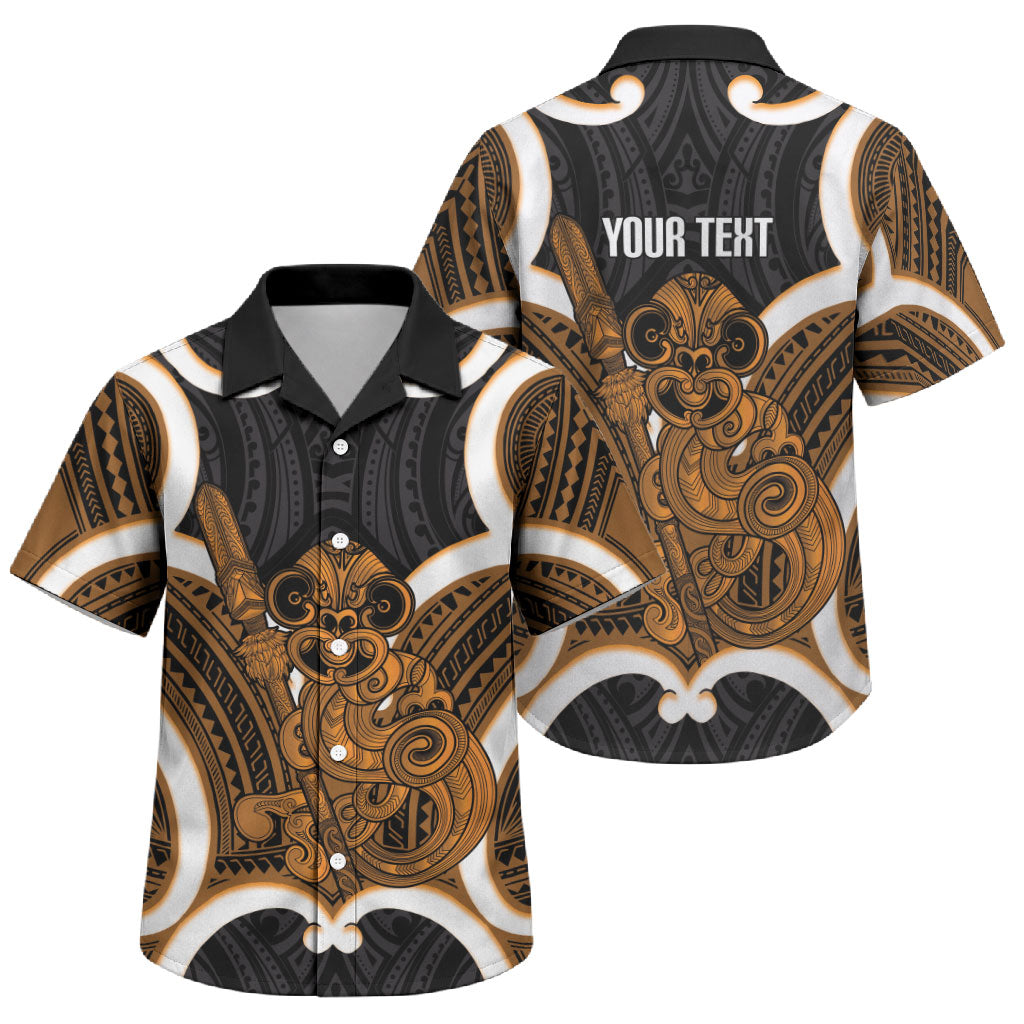Karaka Aotearoa Atua Tumatauenga Personalised Family Matching Summer Maxi Dress and Hawaiian Shirt Maori God Of War Tiki With Taiaha LT14 Son's Shirt Orange - Polynesian Pride