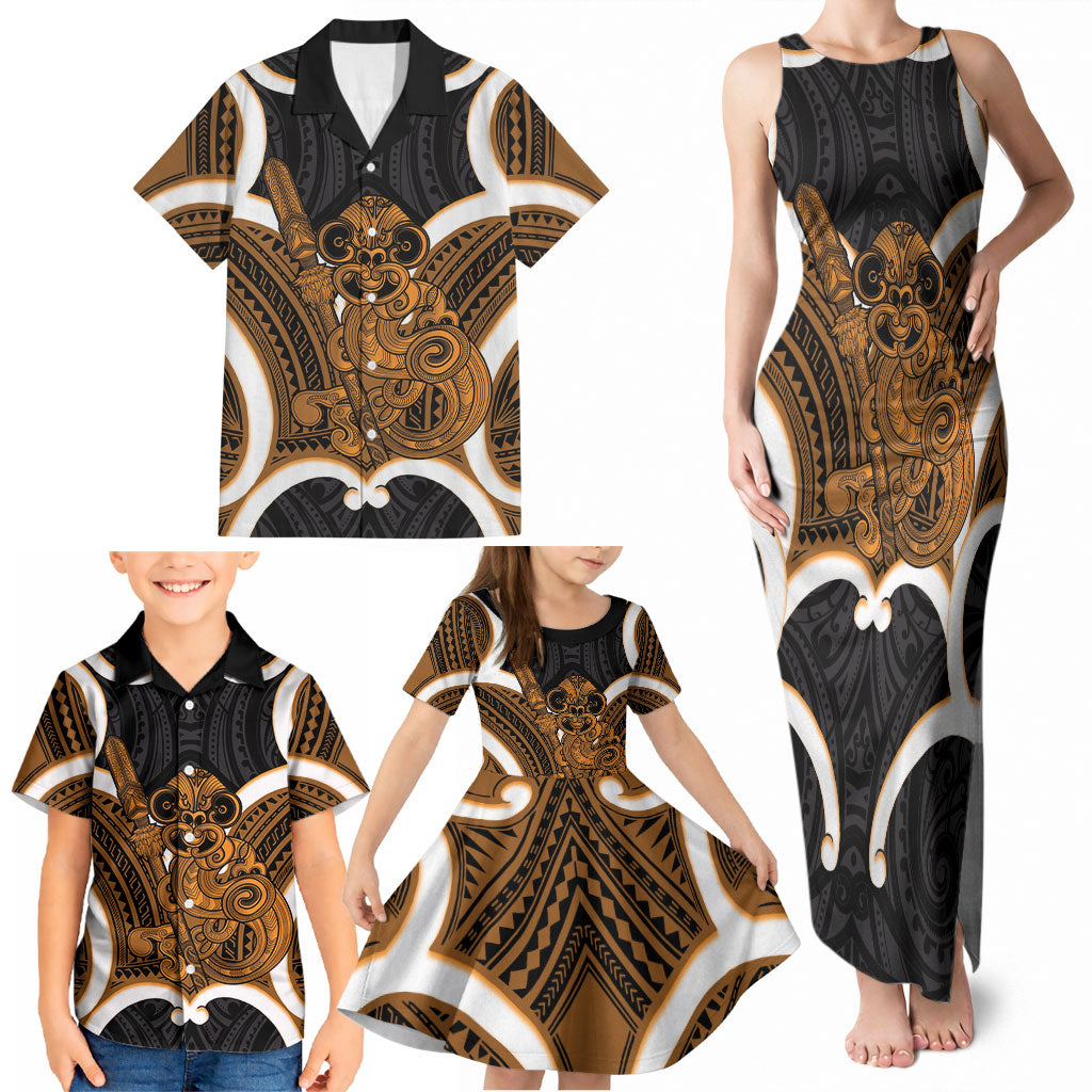 Karaka Aotearoa Atua Tumatauenga Personalised Family Matching Tank Maxi Dress and Hawaiian Shirt Maori God Of War Tiki With Taiaha LT14 - Polynesian Pride