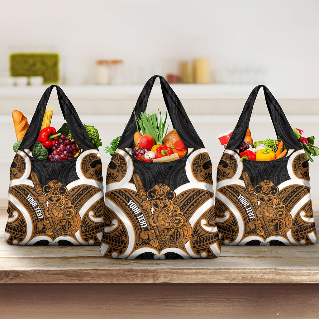 Karaka Aotearoa Atua Tumatauenga Personalised Grocery Bag Maori God Of War Tiki With Taiaha LT14 3-pack One Size Orange - Polynesian Pride