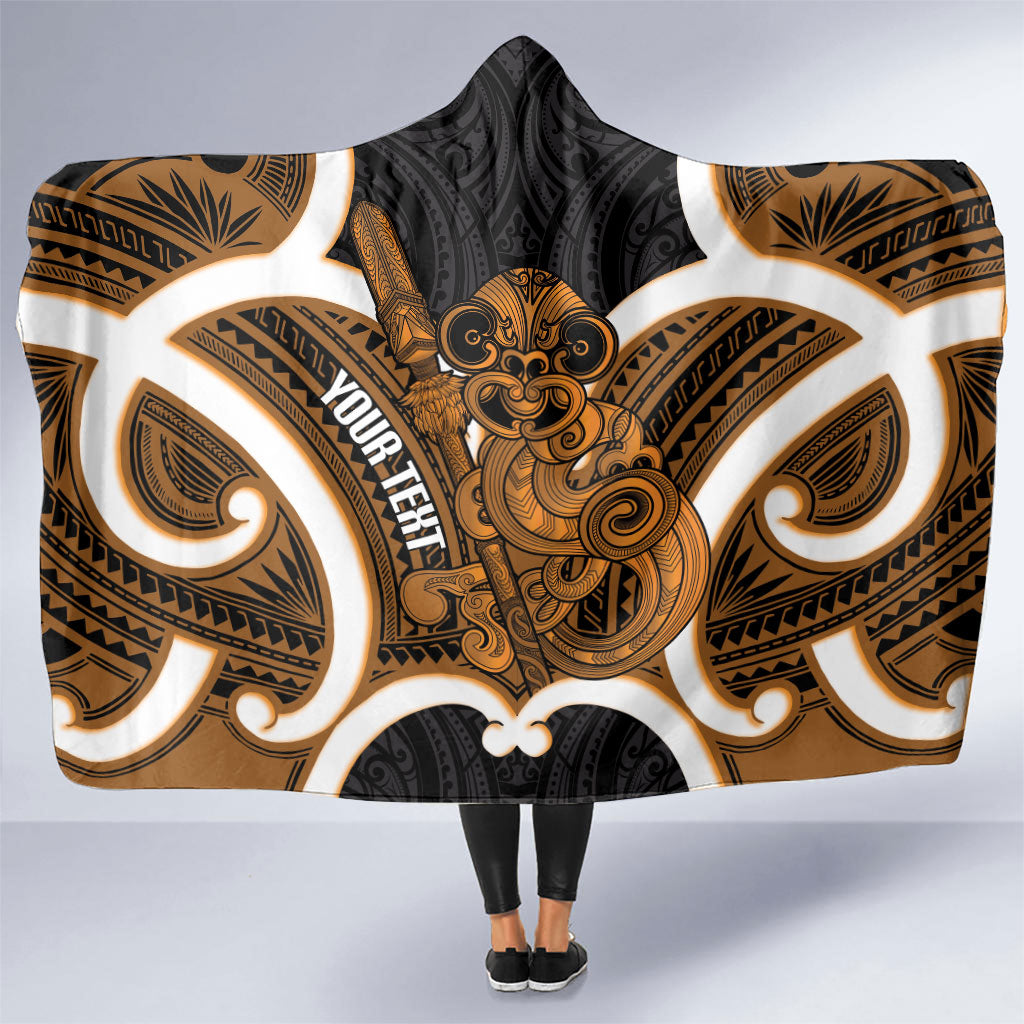 Karaka Aotearoa Atua Tumatauenga Personalised Hooded Blanket Maori God Of War Tiki With Taiaha LT14 One Size Orange - Polynesian Pride