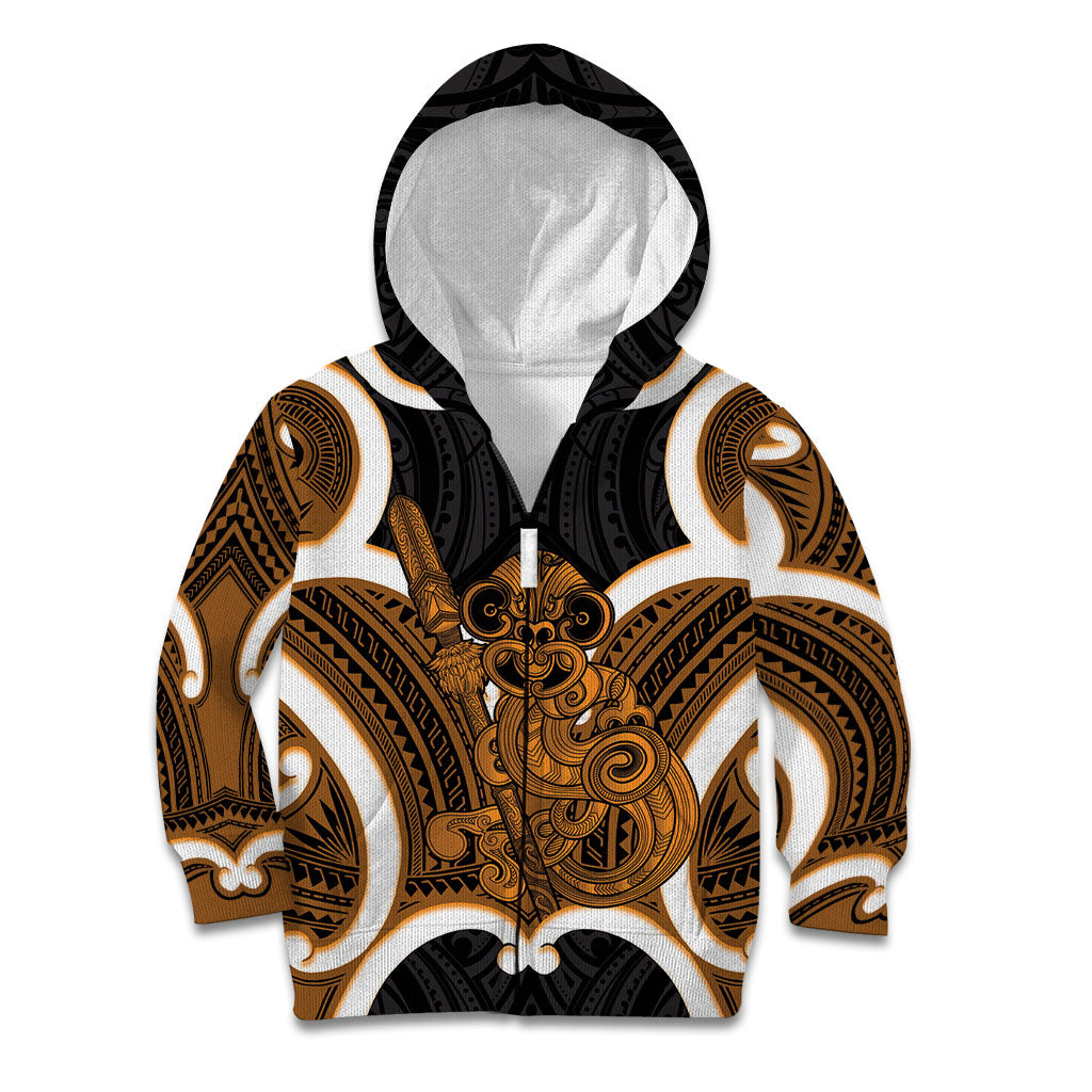 Karaka Aotearoa Atua Tumatauenga Personalised Kid Hoodie Maori God Of War Tiki With Taiaha LT14 Zip Hoodie Orange - Polynesian Pride