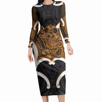 Karaka Aotearoa Atua Tumatauenga Personalised Long Sleeve Bodycon Dress Maori God Of War Tiki With Taiaha LT14 Long Dress Orange - Polynesian Pride