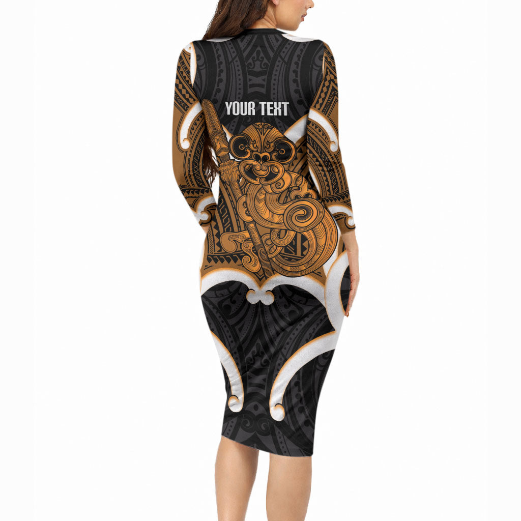 Karaka Aotearoa Atua Tumatauenga Personalised Long Sleeve Bodycon Dress Maori God Of War Tiki With Taiaha LT14 - Polynesian Pride