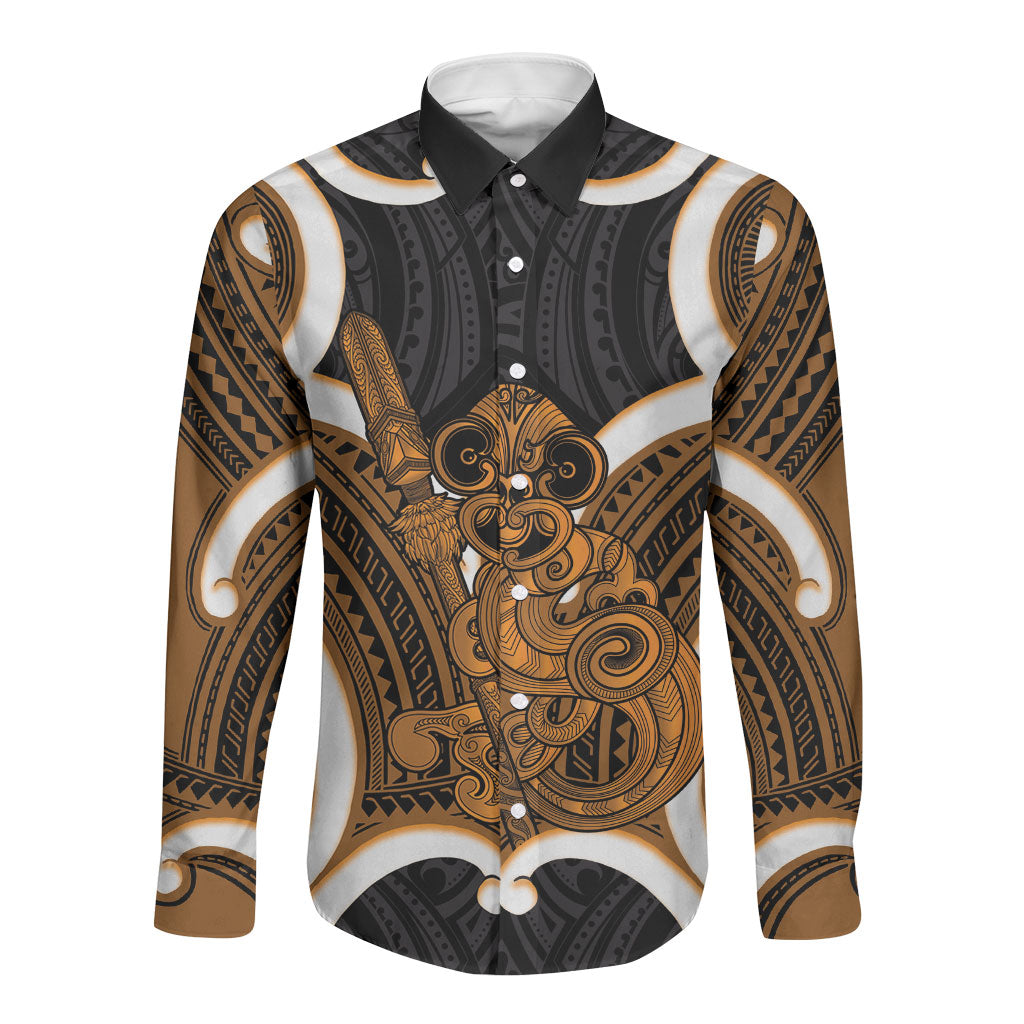 Karaka Aotearoa Atua Tumatauenga Personalised Long Sleeve Button Shirt Maori God Of War Tiki With Taiaha LT14 Unisex Orange - Polynesian Pride