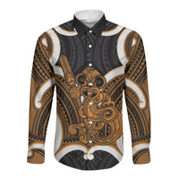 Karaka Aotearoa Atua Tumatauenga Personalised Long Sleeve Button Shirt Maori God Of War Tiki With Taiaha LT14 Unisex Orange - Polynesian Pride