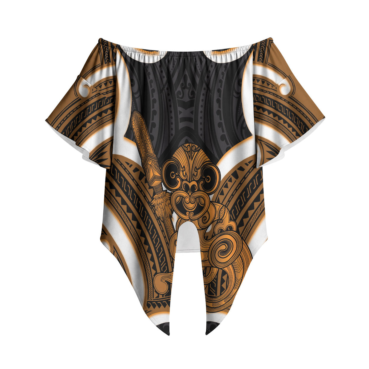Karaka Aotearoa Atua Tumatauenga Personalised Off Shoulder Wrap Waist Top Maori God Of War Tiki With Taiaha LT14 - Polynesian Pride