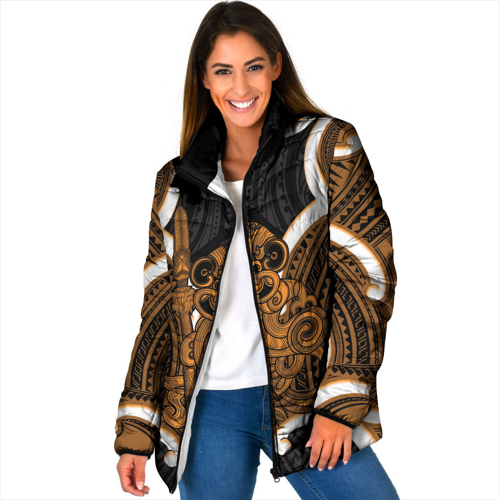 Karaka Aotearoa Atua Tumatauenga Personalised Padded Jacket Maori God Of War Tiki With Taiaha LT14 Women Orange - Polynesian Pride