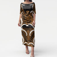 Karaka Aotearoa Atua Tumatauenga Personalised Puletasi Maori God Of War Tiki With Taiaha LT14 Long Dress Orange - Polynesian Pride