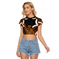 Karaka Aotearoa Atua Tumatauenga Personalised Raglan Cropped T Shirt Maori God Of War Tiki With Taiaha LT14 Female Orange - Polynesian Pride