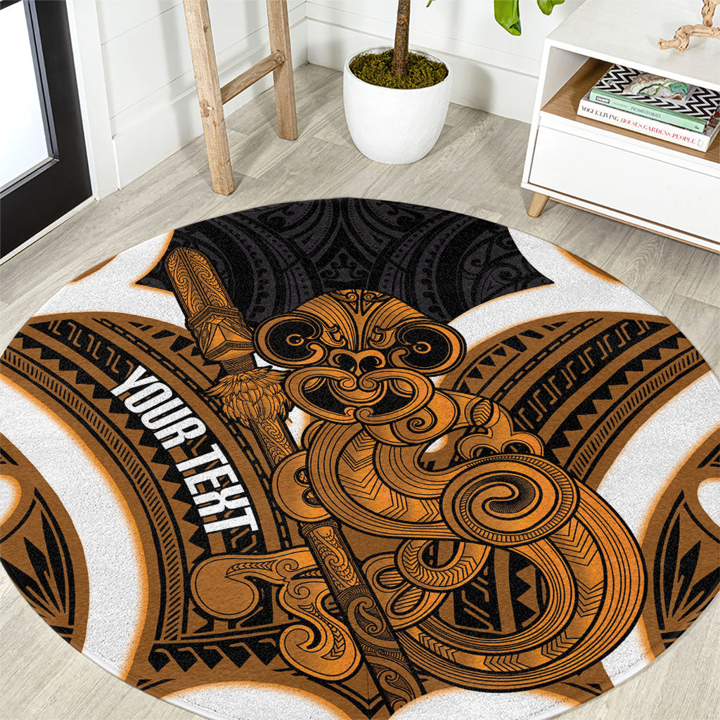 Karaka Aotearoa Atua Tumatauenga Personalised Round Carpet Maori God Of War Tiki With Taiaha LT14 Orange - Polynesian Pride