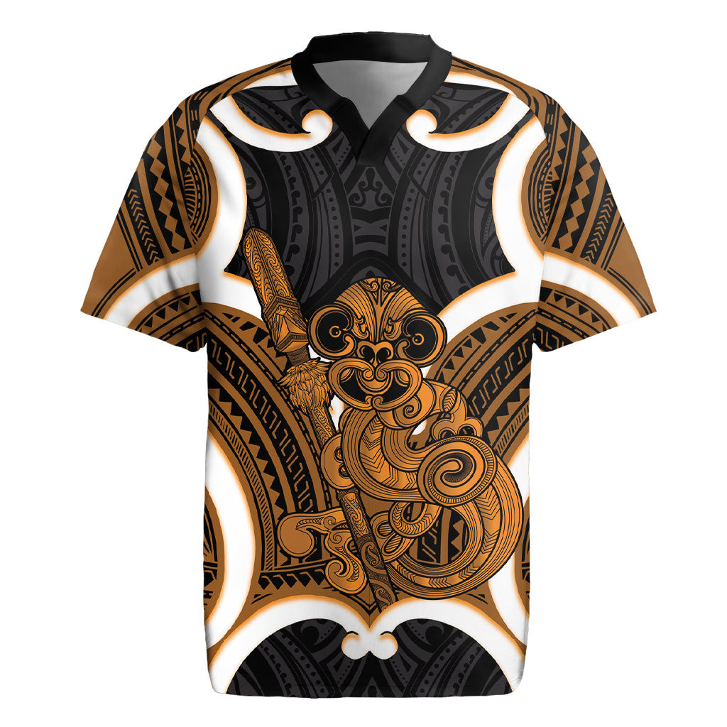 Karaka Aotearoa Atua Tumatauenga Personalised Rugby Jersey Maori God Of War Tiki With Taiaha LT14 Orange - Polynesian Pride