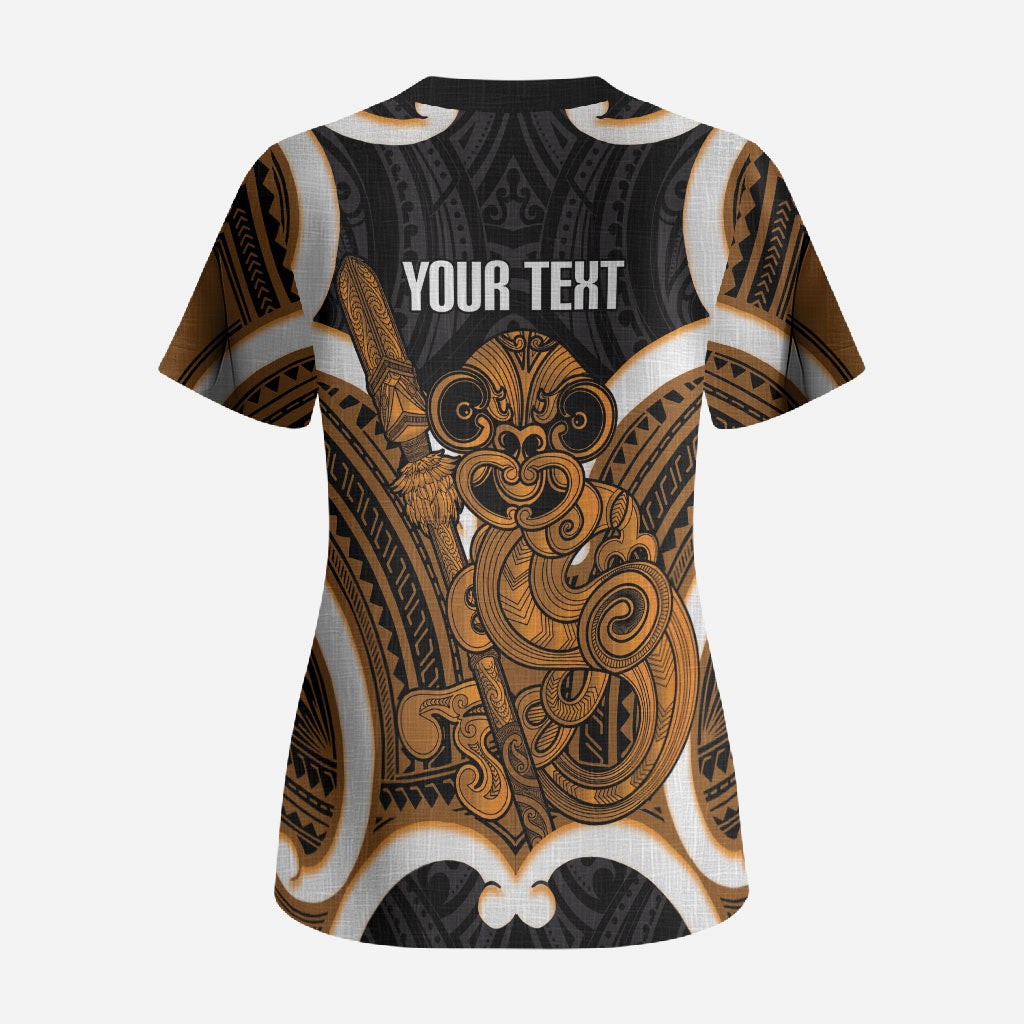 Karaka Aotearoa Atua Tumatauenga Personalised Scrub Top Maori God Of War Tiki With Taiaha LT14 - Polynesian Pride