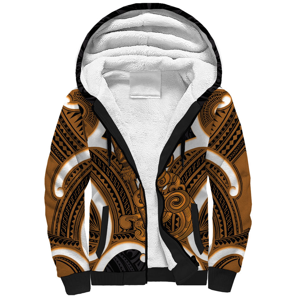 Karaka Aotearoa Atua Tumatauenga Personalised Sherpa Hoodie Maori God Of War Tiki With Taiaha LT14 Unisex Orange - Polynesian Pride