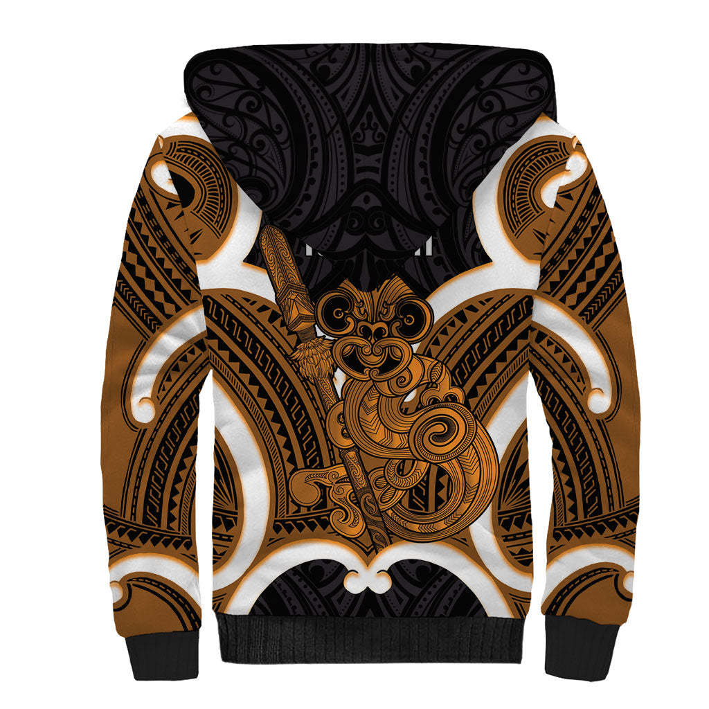 Karaka Aotearoa Atua Tumatauenga Personalised Sherpa Hoodie Maori God Of War Tiki With Taiaha LT14 - Polynesian Pride