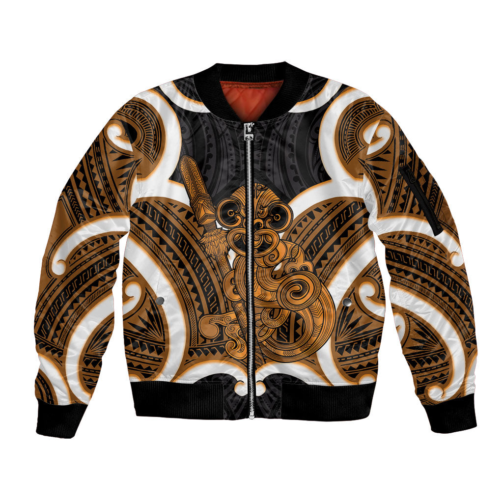 Karaka Aotearoa Atua Tumatauenga Personalised Sleeve Zip Bomber Jacket Maori God Of War Tiki With Taiaha LT14 Unisex Orange - Polynesian Pride