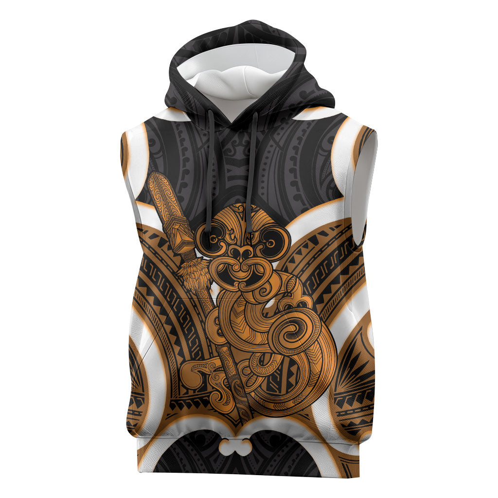 Karaka Aotearoa Atua Tumatauenga Personalised Sleeveless Hoodie Maori God Of War Tiki With Taiaha LT14 Orange - Polynesian Pride