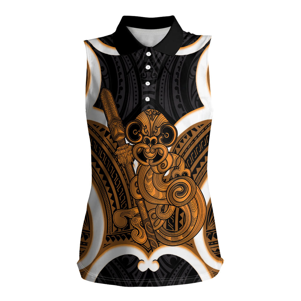 Karaka Aotearoa Atua Tumatauenga Personalised Women Sleeveless Polo Shirt Maori God Of War Tiki With Taiaha LT14 Female Orange - Polynesian Pride