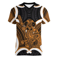 Karaka Aotearoa Atua Tumatauenga Personalised Women V-Neck T-Shirt Maori God Of War Tiki With Taiaha LT14 Female Orange - Polynesian Pride