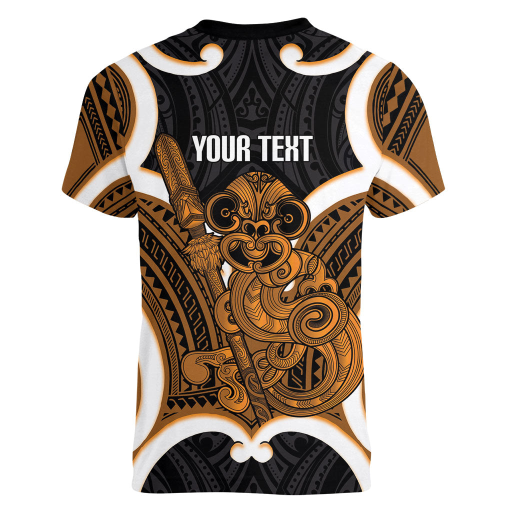 Karaka Aotearoa Atua Tumatauenga Personalised Women V-Neck T-Shirt Maori God Of War Tiki With Taiaha LT14 - Polynesian Pride