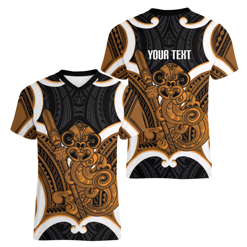 Karaka Aotearoa Atua Tumatauenga Personalised Women V-Neck T-Shirt Maori God Of War Tiki With Taiaha LT14 - Polynesian Pride
