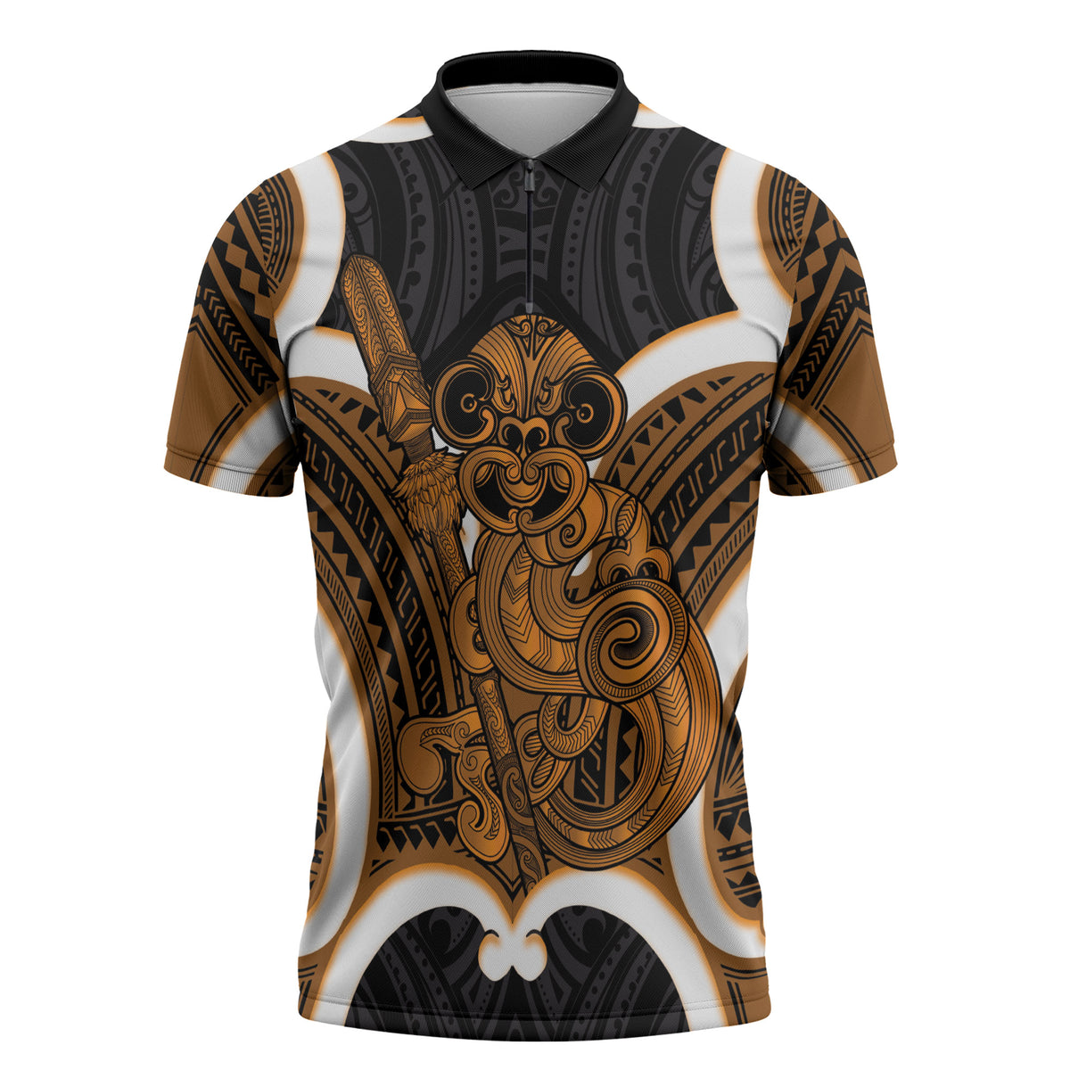 Karaka Aotearoa Atua Tumatauenga Personalised Zipper Polo Shirt Maori God Of War Tiki With Taiaha LT14 Orange - Polynesian Pride