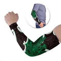 Kakariki Aotearoa Atua Tumatauenga Personalised Arm Sleeves Maori God Of War Tiki With Taiaha LT14 Set of 2 Green - Polynesian Pride