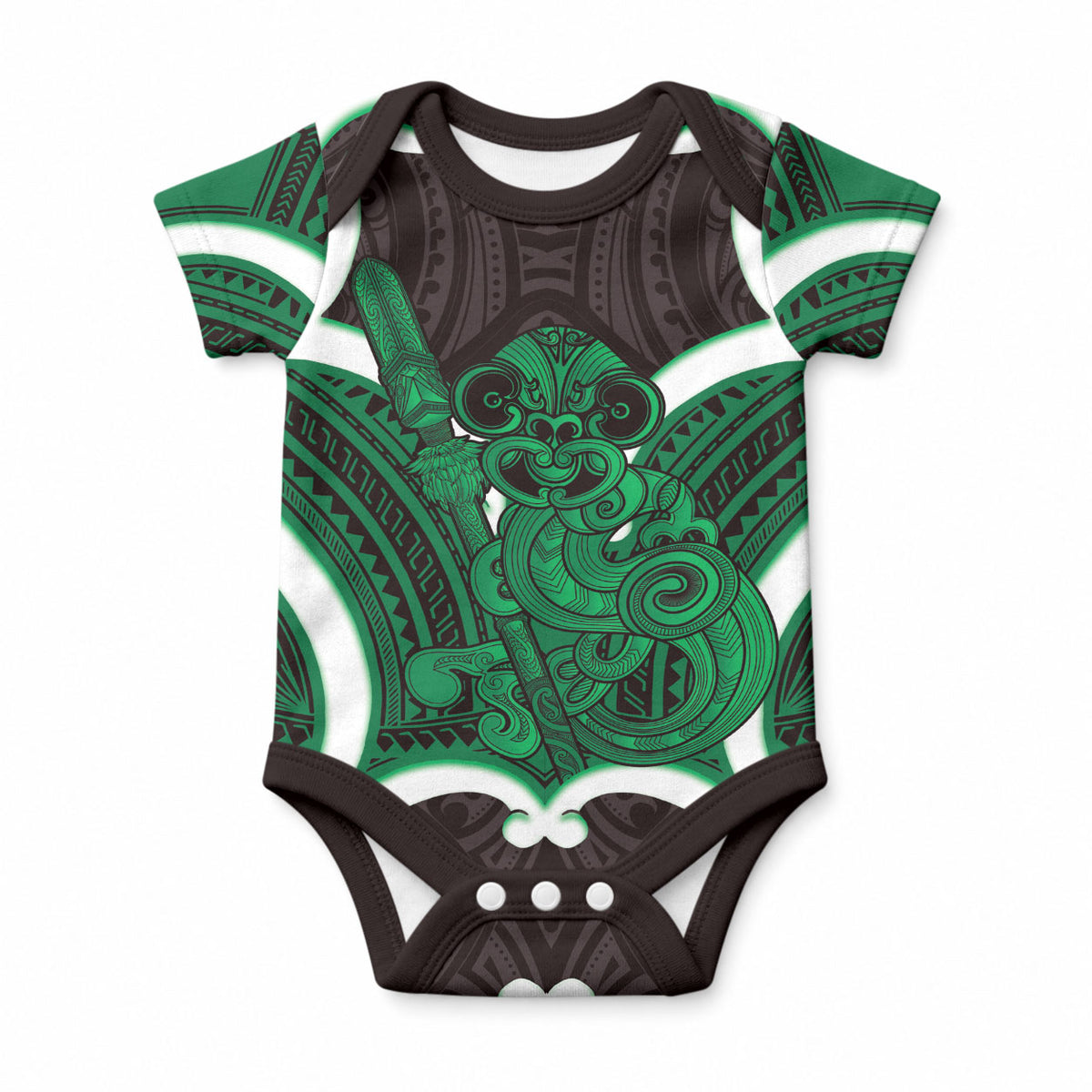 Kakariki Aotearoa Atua Tumatauenga Personalised Baby Onesie Maori God Of War Tiki With Taiaha