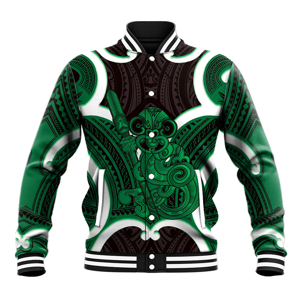 Kakariki Aotearoa Atua Tumatauenga Personalised Baseball Jacket Maori God Of War Tiki With Taiaha LT14 Unisex Green - Polynesian Pride