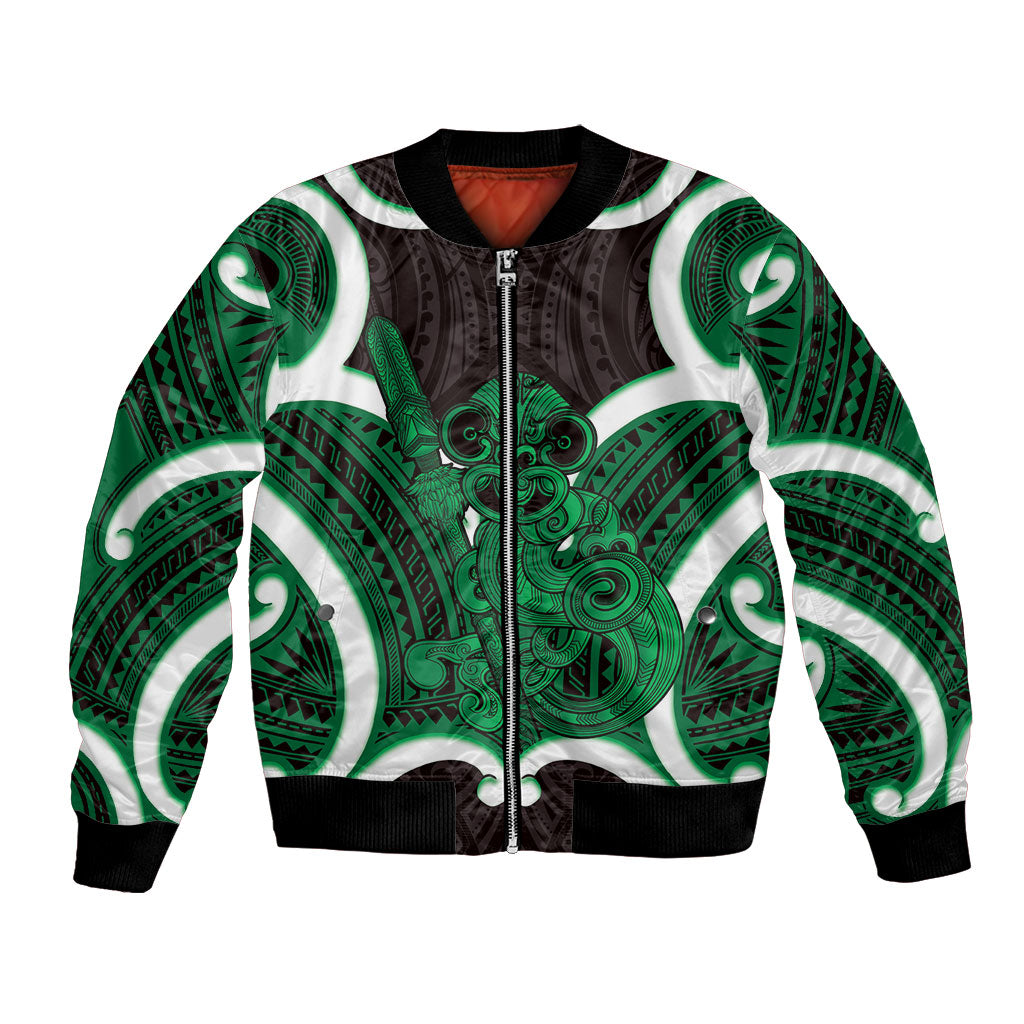 Kakariki Aotearoa Atua Tumatauenga Personalised Bomber Jacket Maori God Of War Tiki With Taiaha LT14 Unisex Green - Polynesian Pride