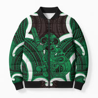 Kakariki Aotearoa Atua Tumatauenga Personalised Bomber Puffer Jacket Maori God Of War Tiki With Taiaha LT14 Unisex Green - Polynesian Pride