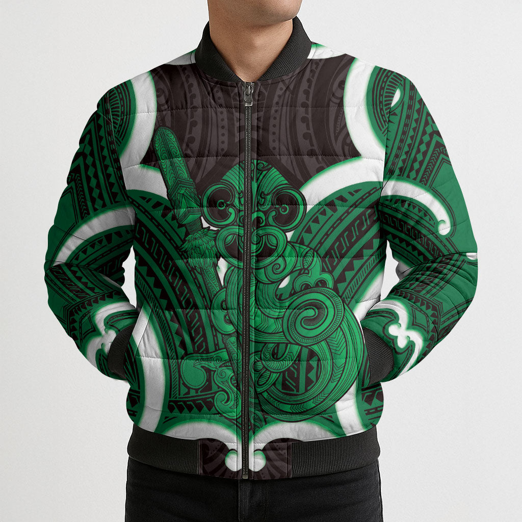 Kakariki Aotearoa Atua Tumatauenga Personalised Bomber Puffer Jacket Maori God Of War Tiki With Taiaha LT14 - Polynesian Pride
