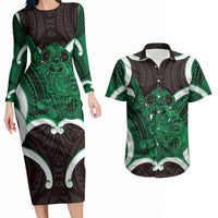 Kakariki Aotearoa Atua Tumatauenga Personalised Couples Matching Long Sleeve Bodycon Dress and Hawaiian Shirt Maori God Of War Tiki With Taiaha LT14 Green - Polynesian Pride