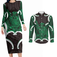 Kakariki Aotearoa Atua Tumatauenga Personalised Couples Matching Long Sleeve Bodycon Dress and Long Sleeve Button Shirt Maori God Of War Tiki With Taiaha LT14 Green - Polynesian Pride