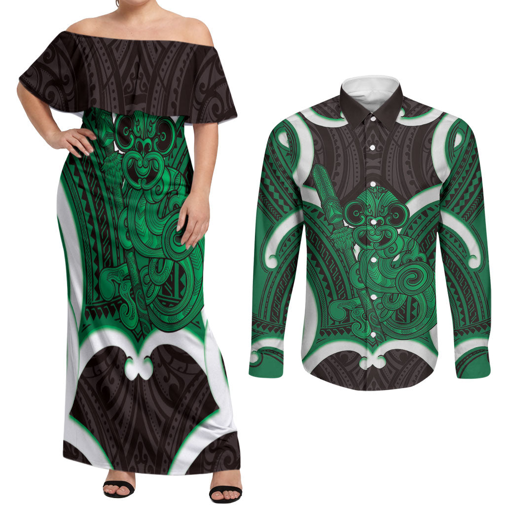 Kakariki Aotearoa Atua Tumatauenga Personalised Couples Matching Off Shoulder Maxi Dress and Long Sleeve Button Shirt Maori God Of War Tiki With Taiaha LT14 Green - Polynesian Pride