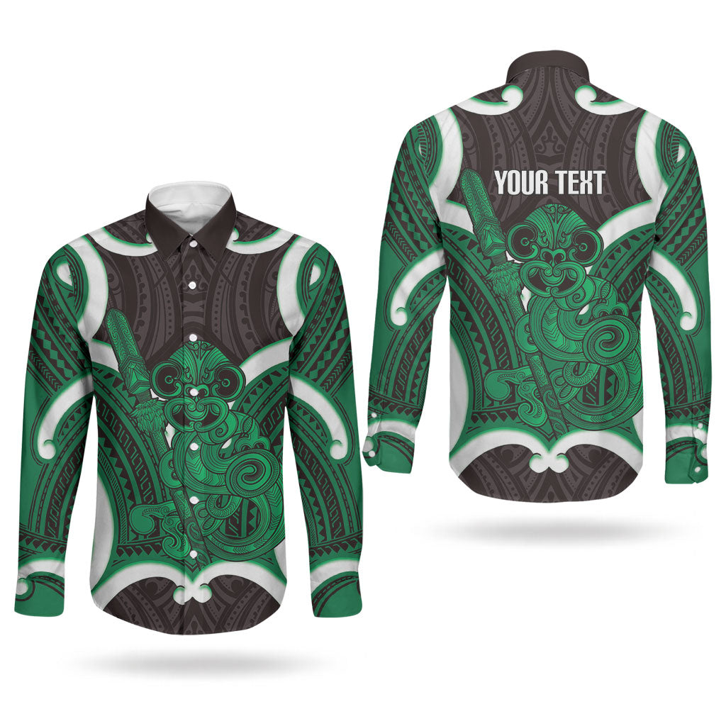 Kakariki Aotearoa Atua Tumatauenga Personalised Couples Matching Off Shoulder Maxi Dress and Long Sleeve Button Shirt Maori God Of War Tiki With Taiaha LT14 - Polynesian Pride